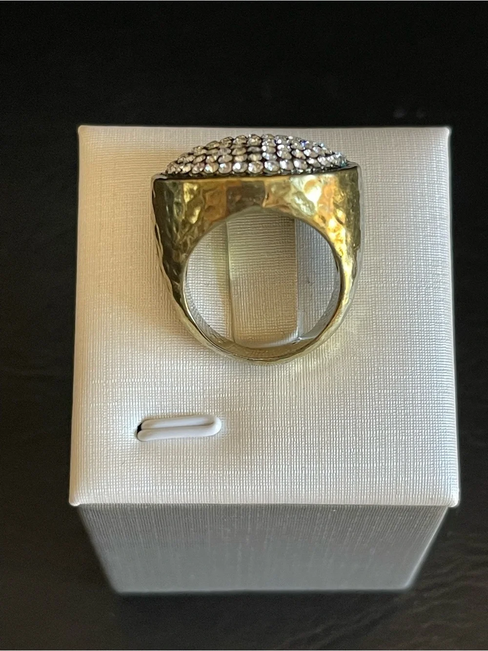 Brass Pave Crystal Round Cocktail Ring.